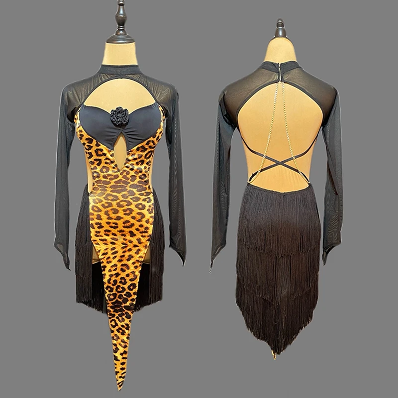 セクシーなラテンダンスの服の女性長袖パフォーマンス衣装ヒョウ柄フリンジドレスチャチャルンバサンバダンスウェア VBH855
