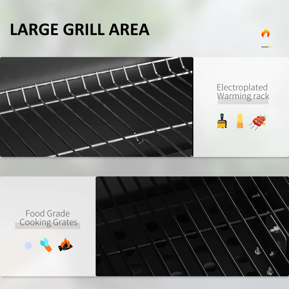 Outsunny Charcoal BBQ Grill หม้อหุงข้าวแบบพกพากลางแจ้งสําหรับ Camping Backyard ปิกนิกพร้อมโต๊ะด้านข้างด้านล่างชั้นวางของล้อ