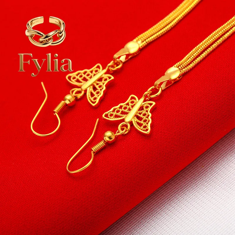 

Fylia Jewelry 24K Gold Butterfly Tassel Earrings AU999 Full Gold, Three-dimensional Butterfly Wings Styling with Gold Chain Ta