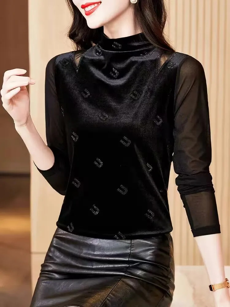 2024 New Arrival Simple All-match Diamond Set Solid Splicing Women's T-Shirt Long Sleeves Velvet Turtleneck Warm Fall Winter