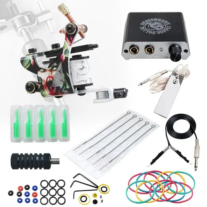 Beginner Complete Coil Tattoo Machines Gun Kit With Dragonhawk mini Power Supply Needles Handles Body Art Tools Tattoo Set