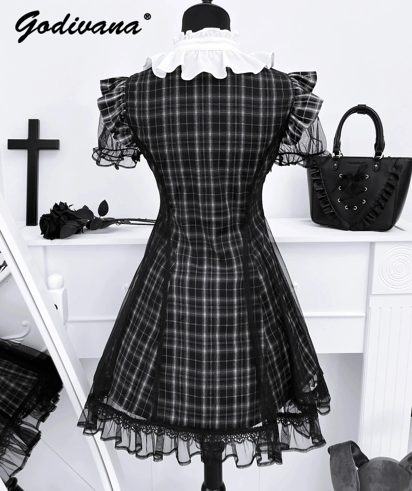 Original nueva subcultura niñas encaje empalmado manga corta ajustado vestido a cuadros mujeres lindo arco ajustado Jk vestidos cortos