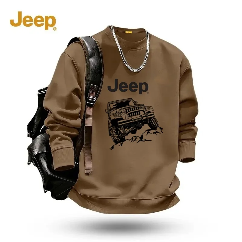 Jeep Spring and Autumn Casual Hoodie Fashion Printed Plus Size Cotton Loose Men's Round Neck Top Long Sleeve T-shirt