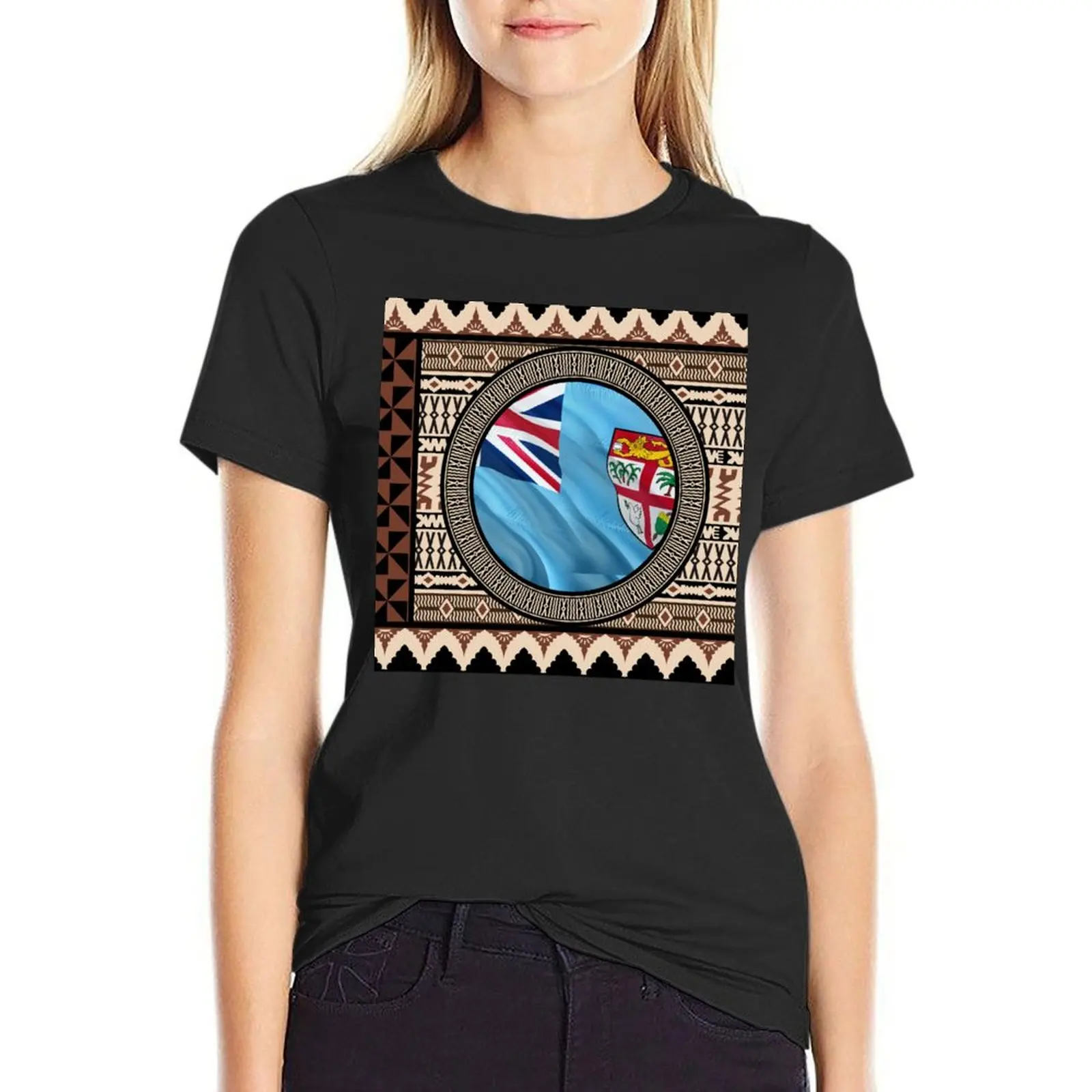 

Fiji Flag Masi Print Authentic Tapa T-Shirt korean fashion sublime vintage tops t shirt Women