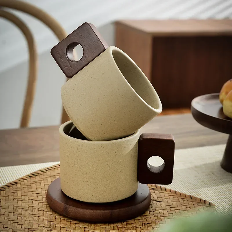 

Vintage Ceramic Wooden Handle Coffee Cup with Tray Antique 300ml Tea Cup Home Office Mug Birthday Gift Breakfast Mug Home Decor