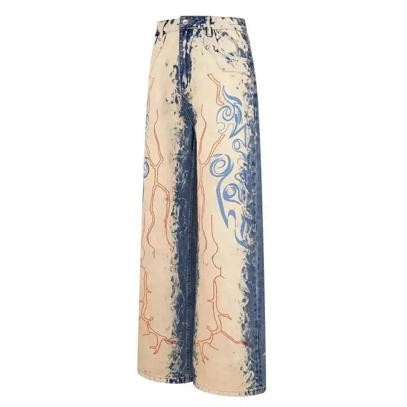 Men Casual Retro Graffiti Printed Denim Jeans Streetwear Relaxed Fit Breathable Comfortable Versatile Streetwear ZD36