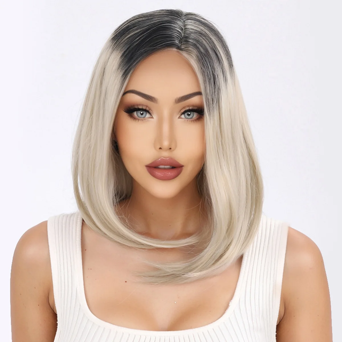 Wig Female White Gold Gradient Medium Split Long Straight Princess Cut Short Hair Wig Set-Synthetic Fiber Wig
