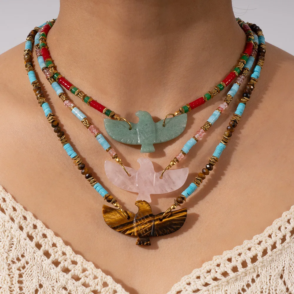BOHO handmade natural tiger eye stone powder crystal beads necklace fashionable stainless steel eagle personal Jewelry