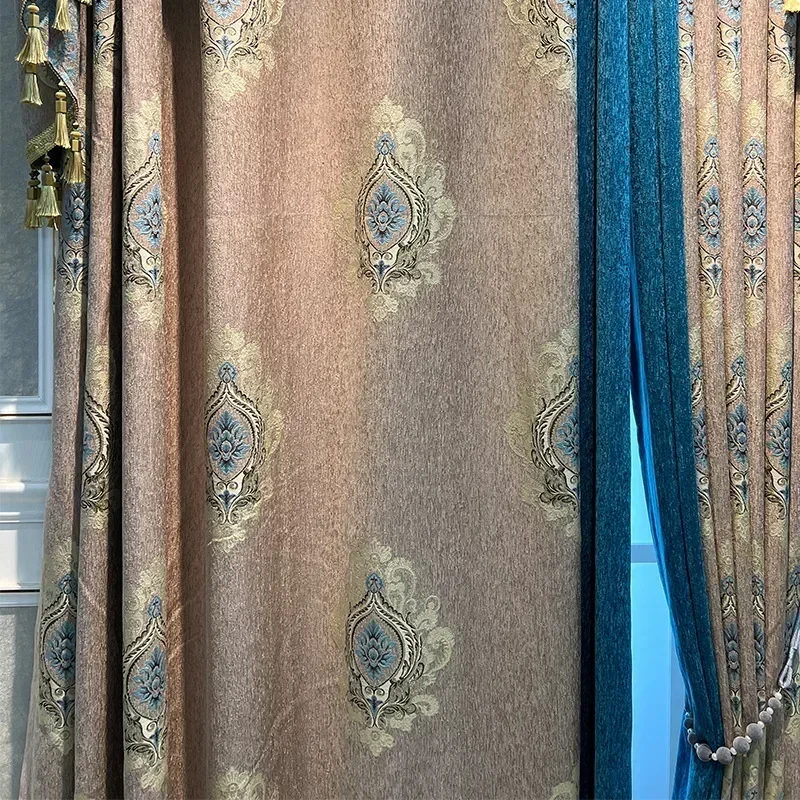 European Luxury Curtains For Living Room Bedroom Dining Villa Customized Finished Valance Khaki Chenille Jacquard Thickened