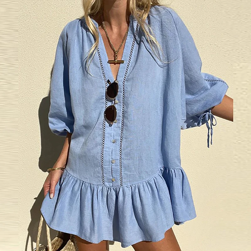 Spring Summer Solid Color Pleated Shirt Dress Women's Fashion Button Beach Dresses Blue Deep V 3/4 Sleeved Loose Dress Vestidos