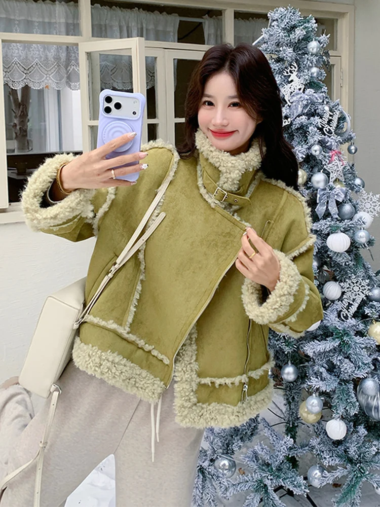 

een Lamb Fur Jaet Women's ort Thi Warm Top Leather Fur Inteated Autumn Winter New Sle 2025 Youth Straight Tube Model