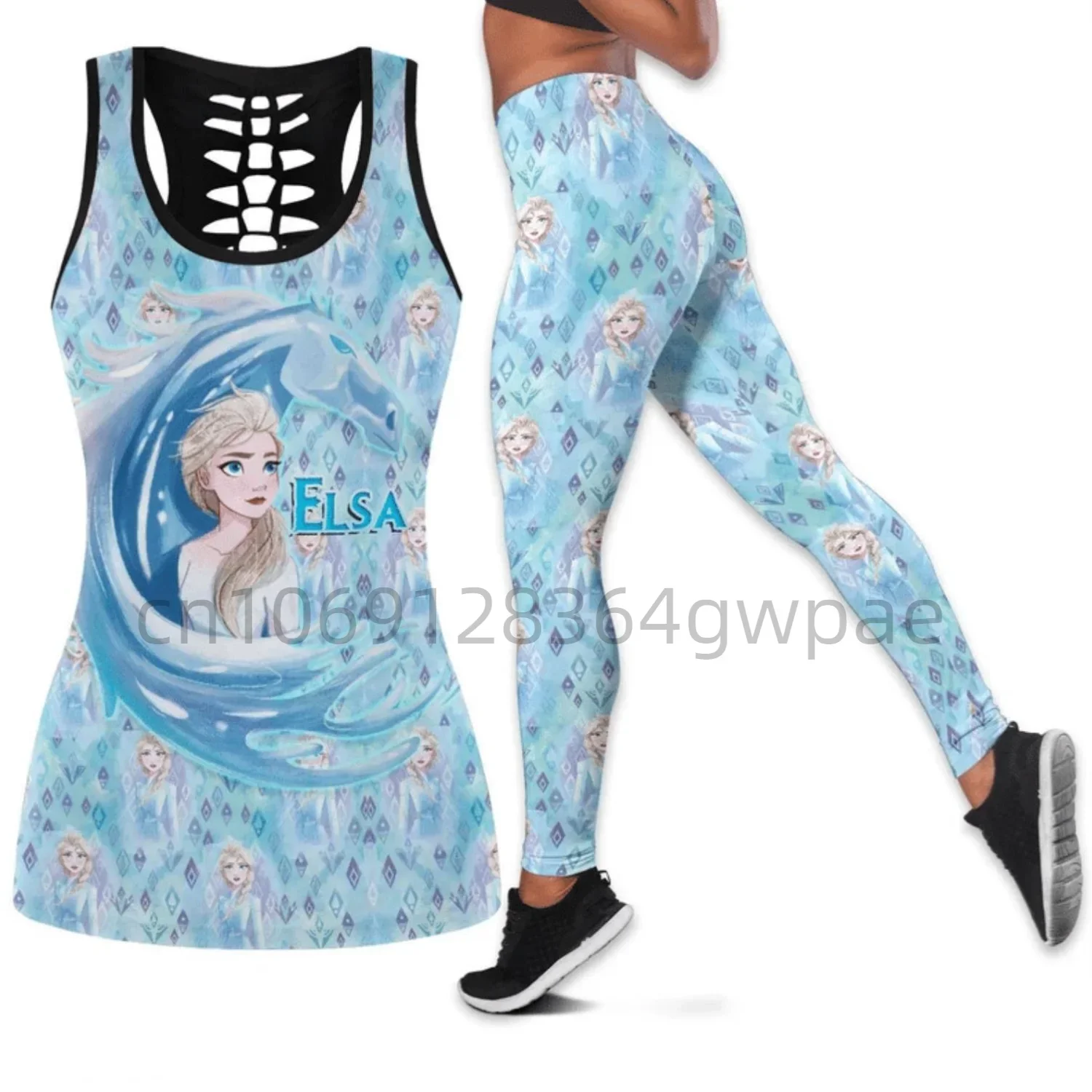 Gefrorene Elsa Prinzessin Frauen Ausschnitt Tank Top Leggings Yoga Set Fitness Leggings Trainings anzug Disney Hohl Tank Top Leggings Set