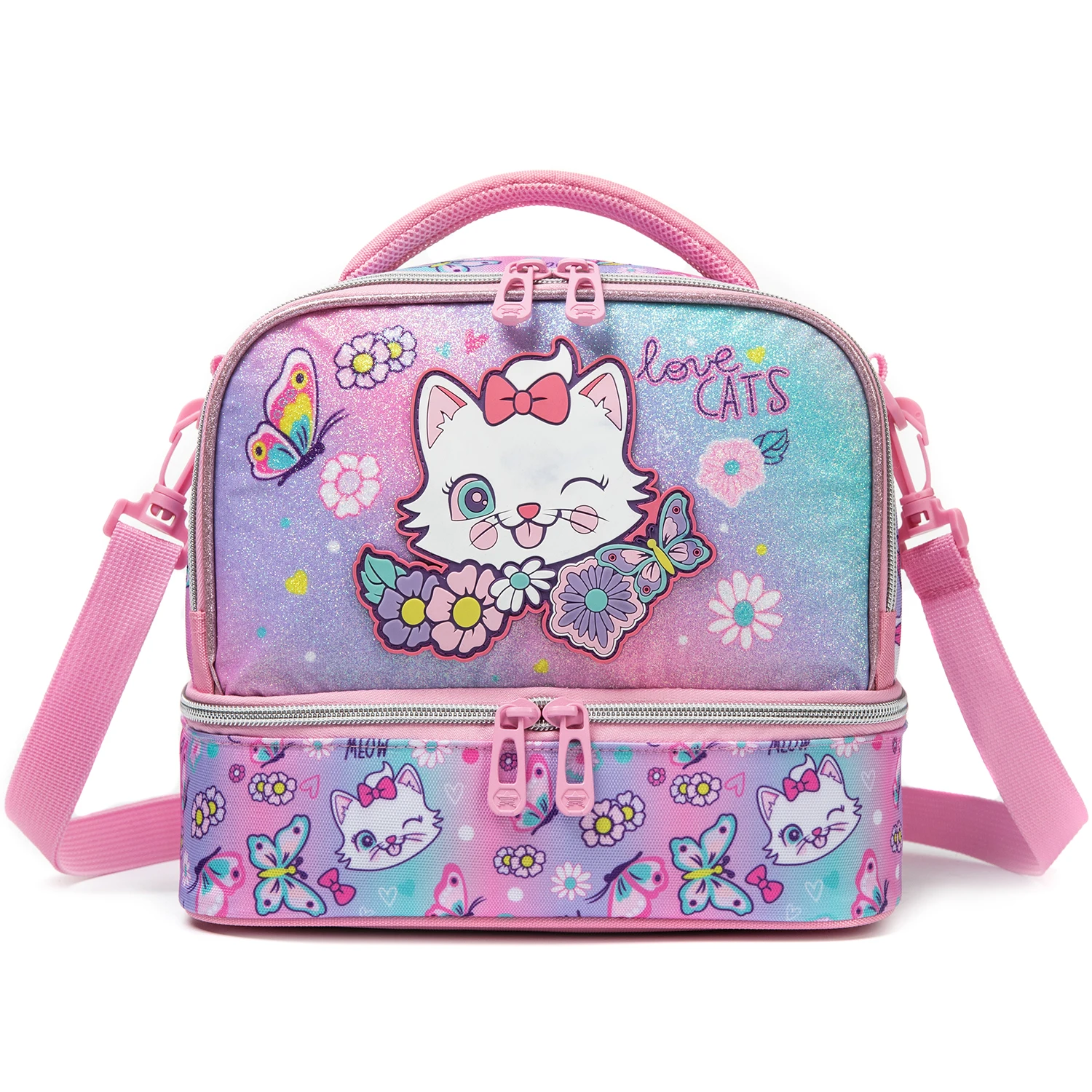 

Cute Cat Print Glitter Double Layer Lunch Bag for Kids Girls with Shoulder Strap, Insulated Lunch Tote for School Picnic Travel