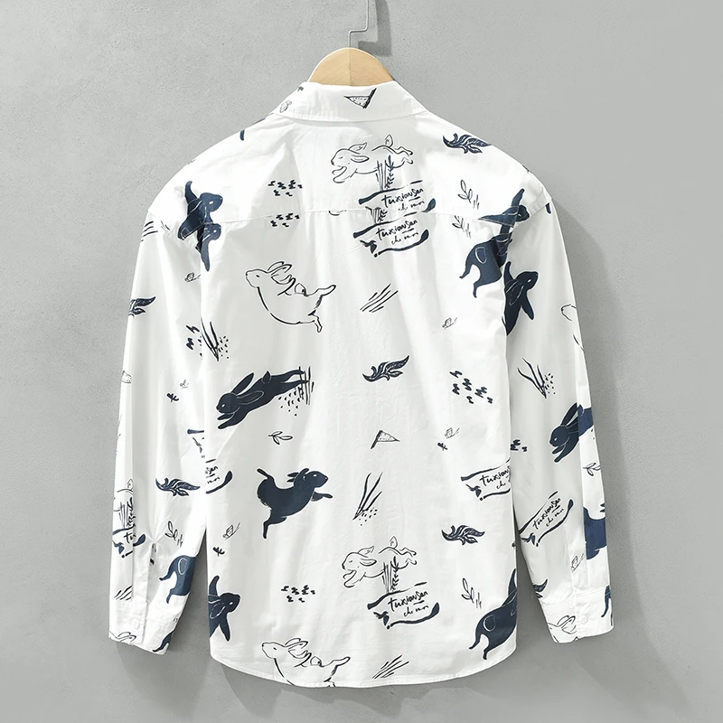 2023 Autumn New Long Sleeve Print Shirt for Men Cotton Turn-down Collar Loose Shirts Fashion Men's Clothing