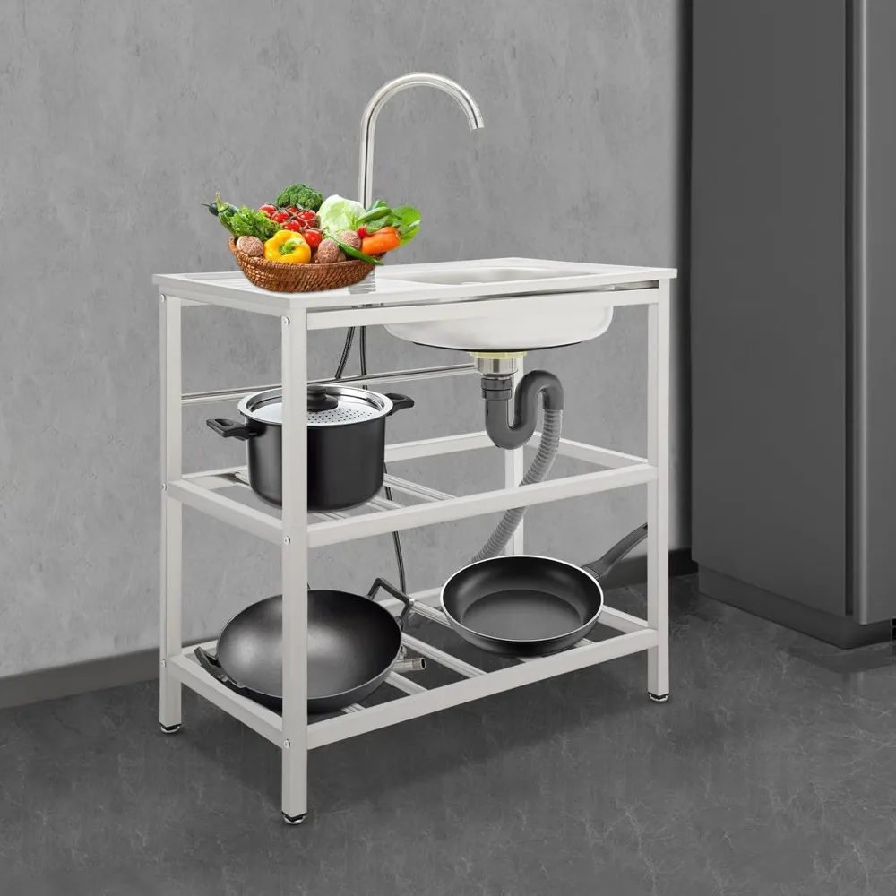 حوض مطبخ خارجي من الفولاذ المقاوم للصدأ مع رف تخزين ومنضدة للاستخدام في المطاعم