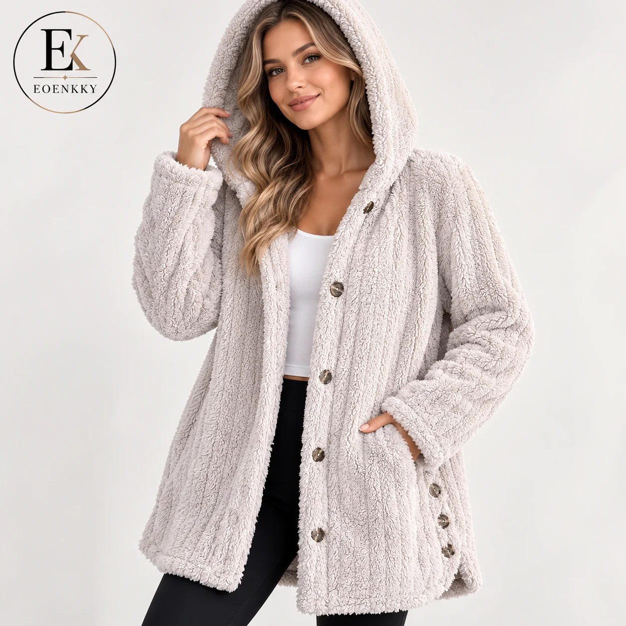 Women Teddy Fleece Hooded Coat Winter Jacket Casual Loose Plush Outerwear Button Down Warm Faux Fur Coat Ladies Fashion Jacket