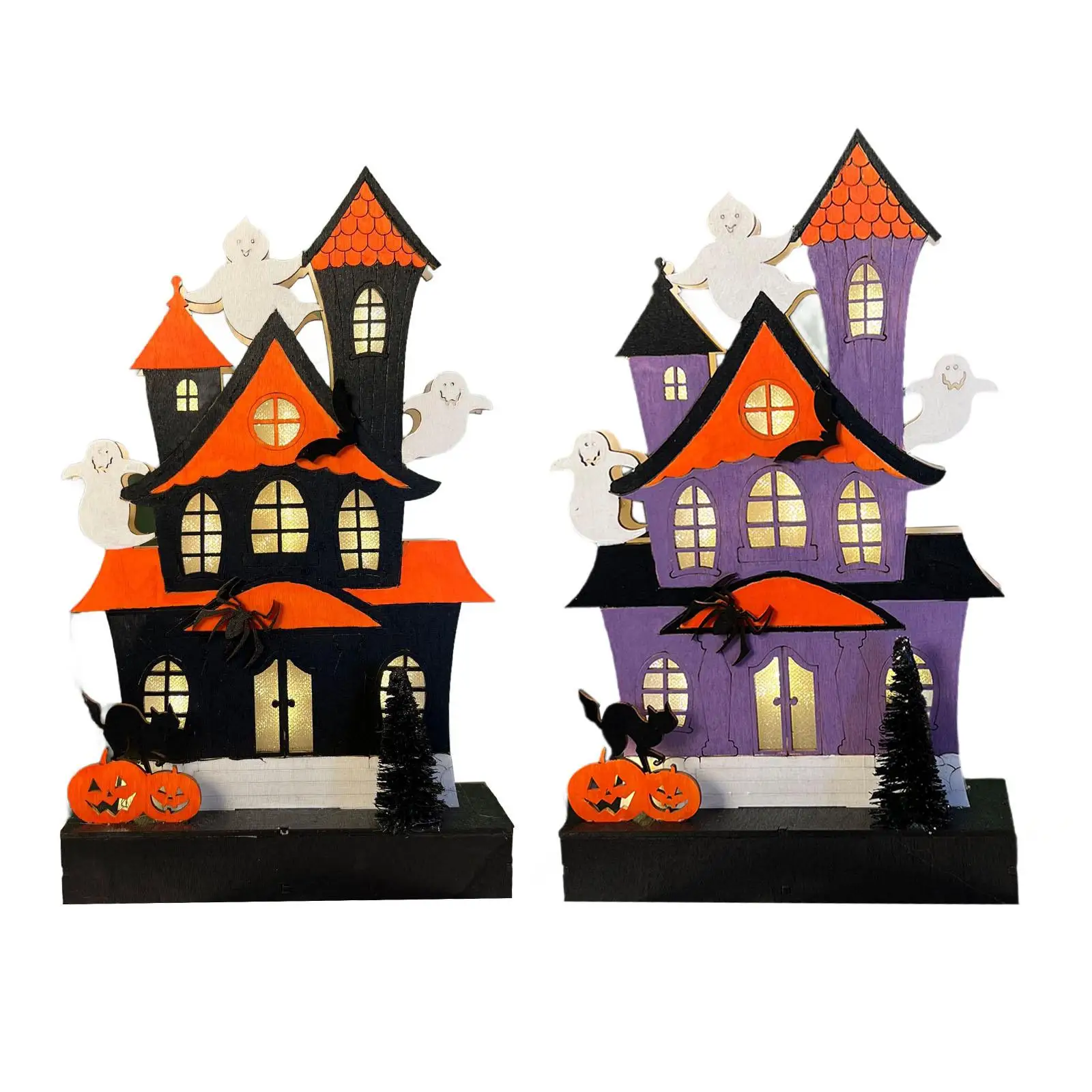 Wooden Lighted Haunted Home Ghost Pumpkin Decor Ghost Home Tabletop LED Decoration for Table Desk Halloween Kitchen Fireplace