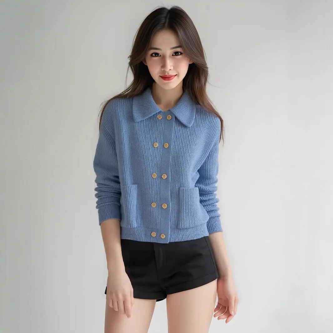 

Korean Polo Collar Solid Color Double Pocket Knitted Cardigan 2025 Autumn/winter New Lazy Style Sweater Jacket