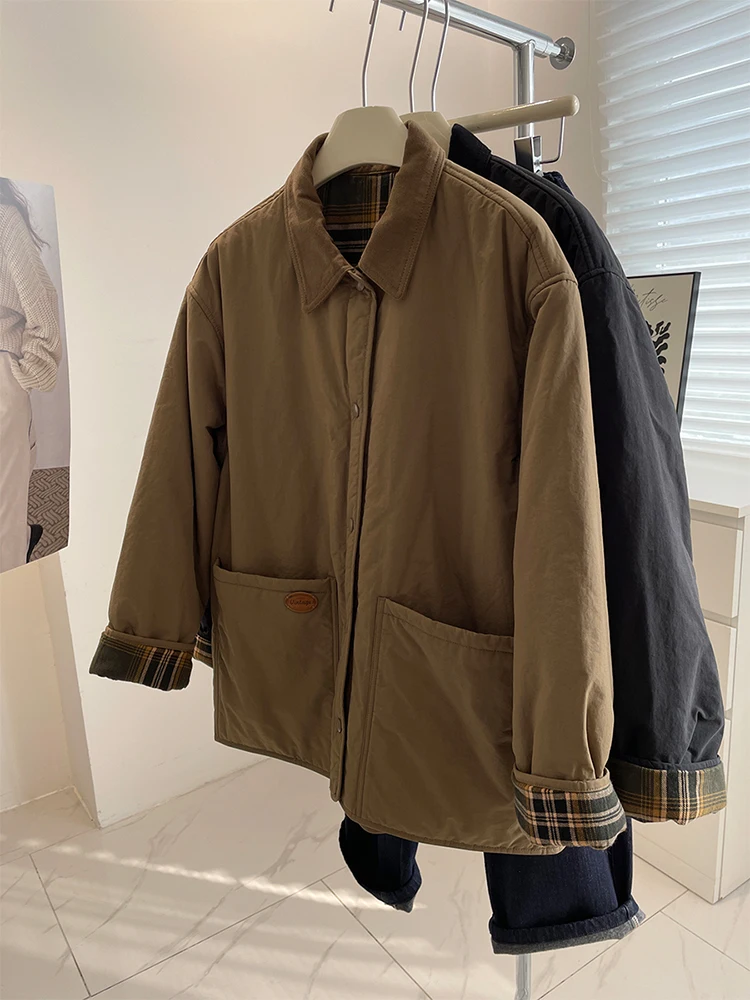 

Цветная блузка с воротником в стиле ретро, хлопковая рабочая одежда, джет, женская зимняя теплая верхняя одежда с воротником, длинная све, стандартная посадка