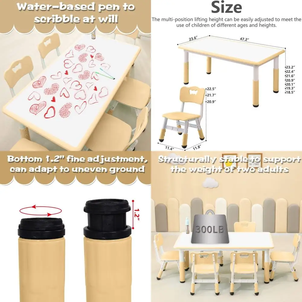 

Height-Adjustable Wooden Kids Table and Chairs Set for Ages 2-12, 6 Seats, Ideal for Family Learning and Daily Use