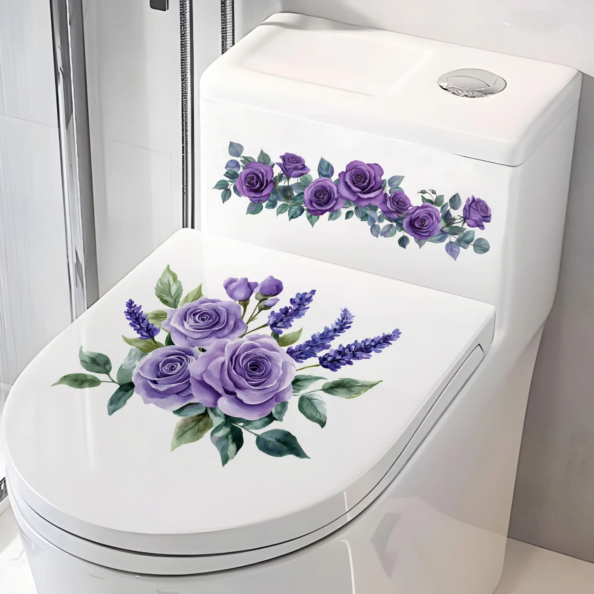 1/2pcs Romantic purple rose lavender toilet sticker PVC self-adhesive waterproof toilet decoration sticker
