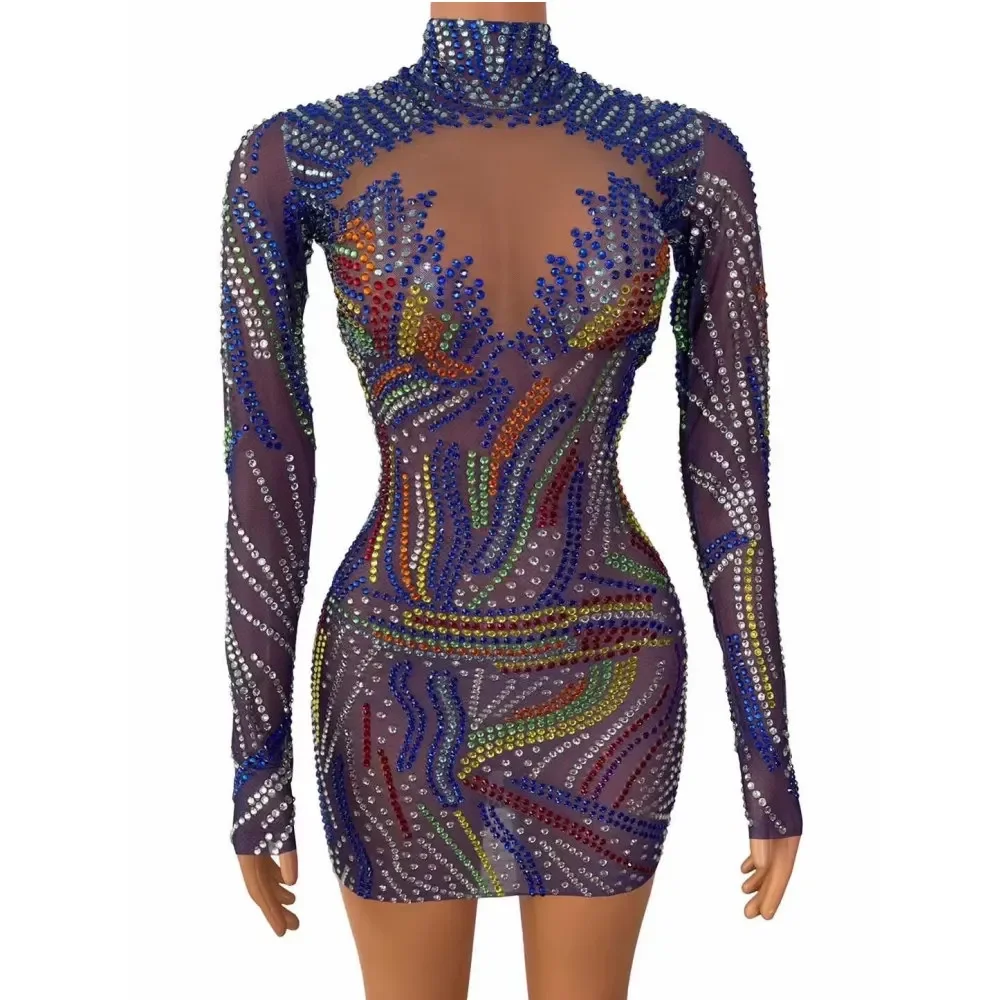 

Long Sleeves Shining Colorful Rhinestones High Neck Sexy Sheath Dress For Women Nightclub Party Clothing Stage Singer Costume