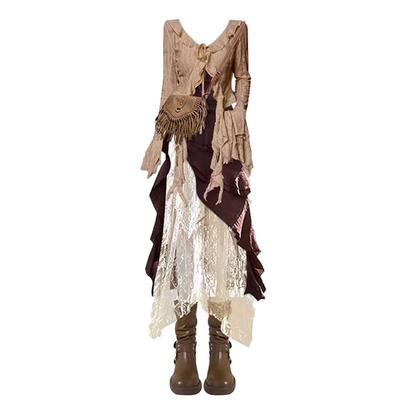 Ensemble de tenue touristique d'été pour femme, haut en gaze assorti rétro Sle ter Dr, jupe t-shirt mi-longue superposée, taille douce Con...