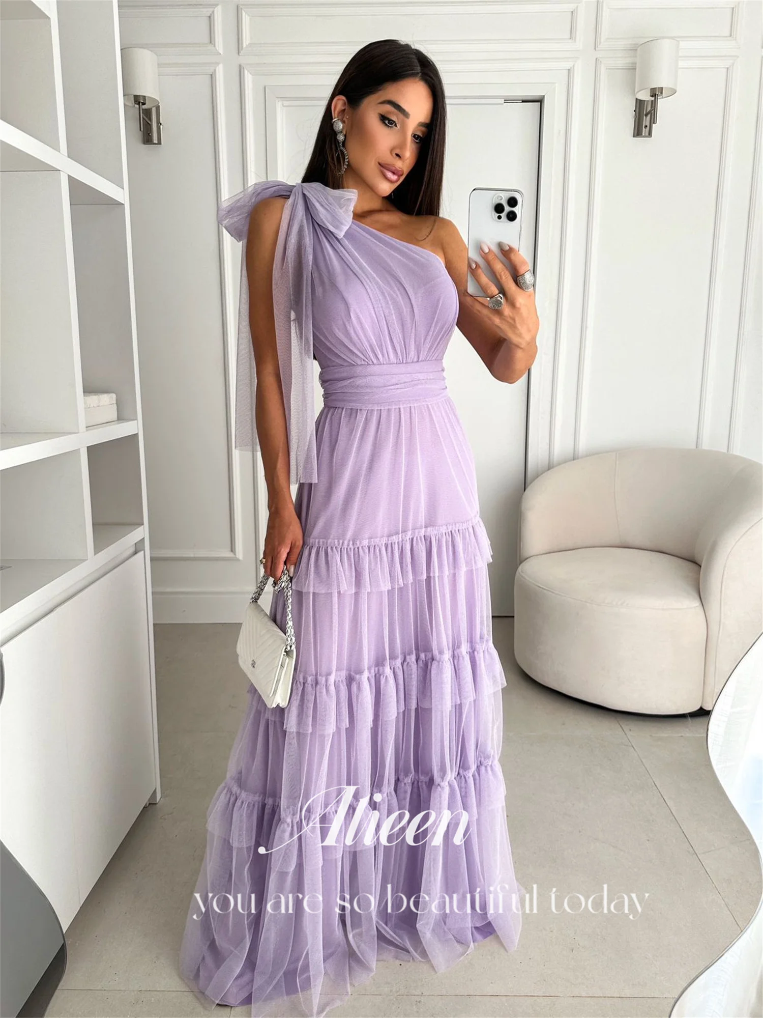 Aileen Lavender Purple Bow Tie One Shoulder Layered Wedding Party Dress Women Elegant Luxury Vintage Dresses Woman Evening Gown