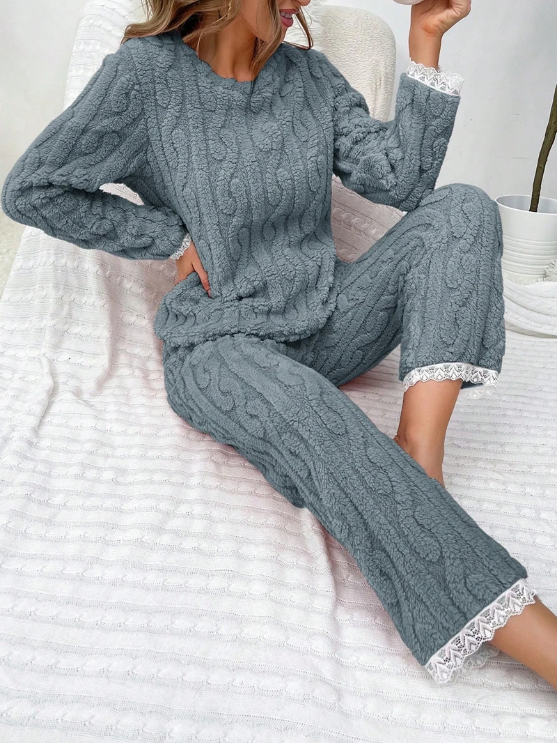 

Super Warm Flannel 2Pcs Set Long-Sleeve Top And Long Pants Breathable Fabric Fit Women's Sleepwear Loungewear Not Stuffy And Hot