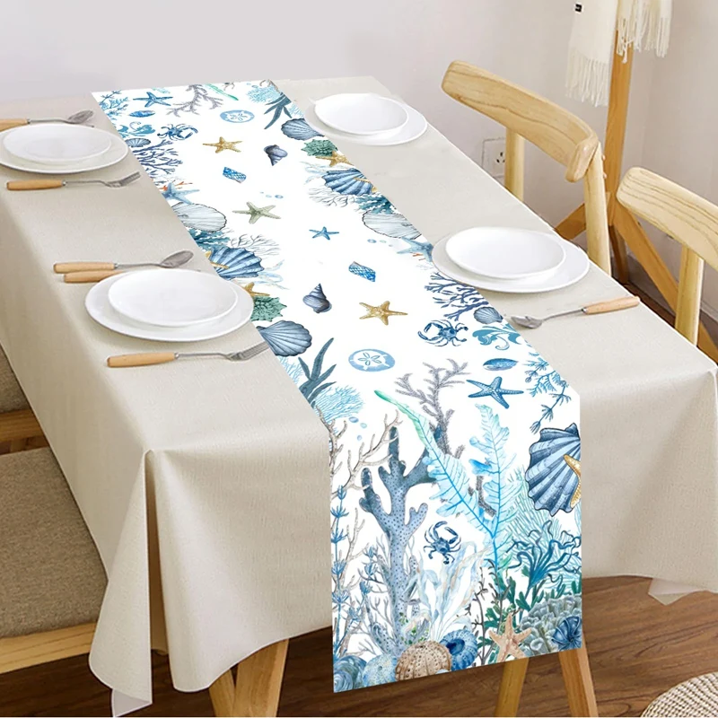 Summer Ocean Starfish Shell Coral Table Runner Holiday Home Party Decor Blue Ocean Theme Kitchen Dining Table Cover Party Decor
