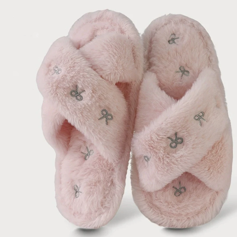 Bowknot التطريز نعال قماش النساء موضة عبر حزام داخلي القطن الشرائح امرأة كعب مسطح المنزل فروي النعال Mujer #4