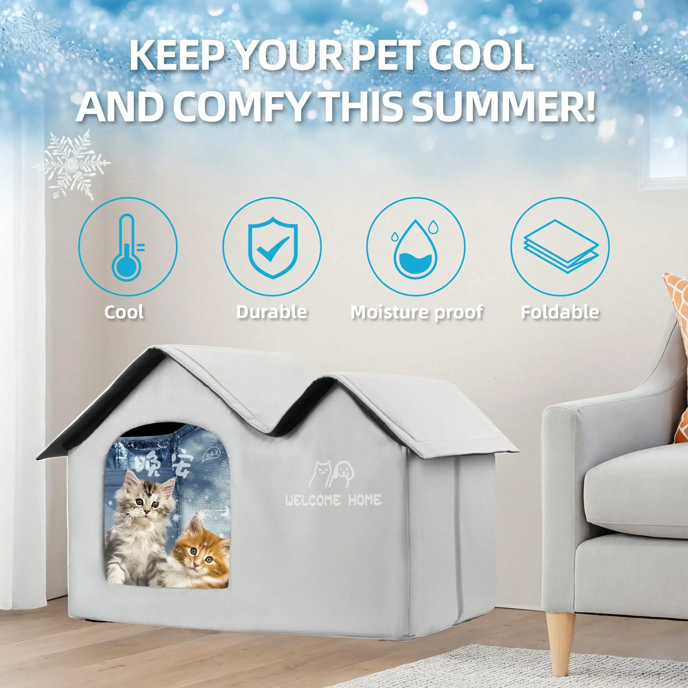 

Double Roof Cooling Cat House with Reusable Ice Packs, Foldable Pet Shelter for Indoor & Outdoor Use, M/L/XL Sizes