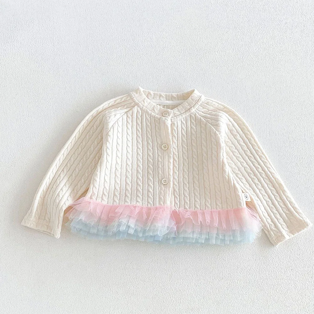 Toddler Girl Sweater Solid Color Knitted Mesh Patchwork Spring Autumn Little Kids Cardigan Fashion Children Clothing 1-6Years