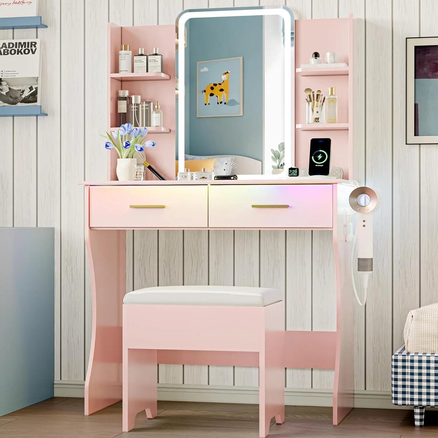 Vanity Desk with LED Lights Mirror & Power Outlet, Small Makeup Vanity Table Set with Storage Drawers & Chair, Pink