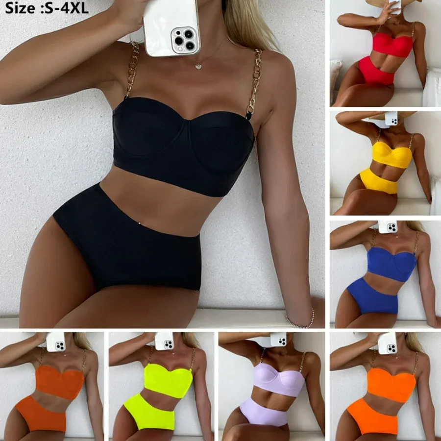 2026 Women's Summer Two-Piece Swimsuit High Waist Bikini Set Padded Hard Wrap Top with Chain Shoulder Straps Ladies Beachwear