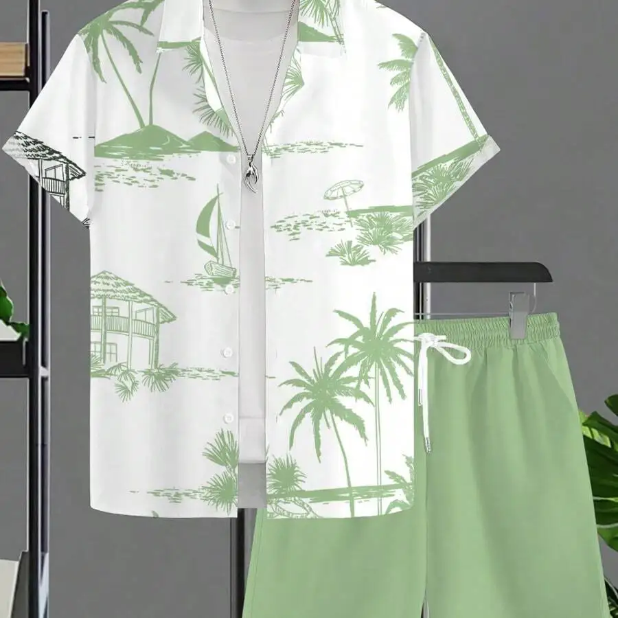 

Hawaiian Print Short Sleeve Shirt And Solid Green Shorts Set For Men Casual Outdoor Wear