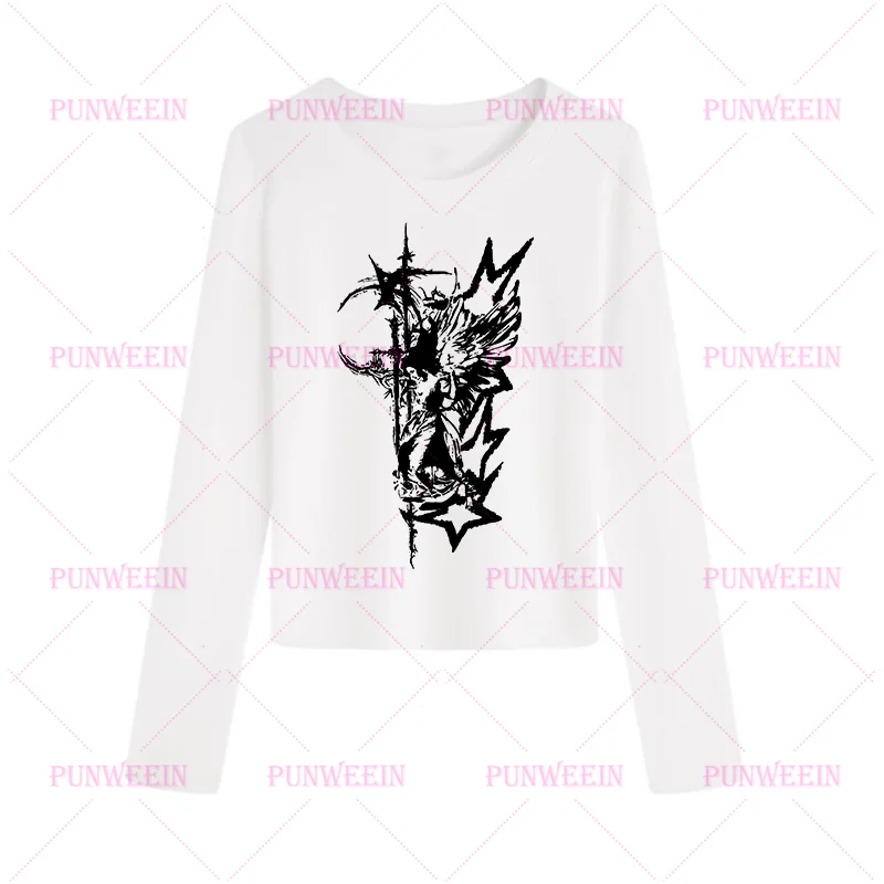 Harajuku Aesthetic Angel Y2k Crop Tops Punk Gothic crop Top Emo Girls Women Slim Long sleeves Graphic Print vintage 90s T-shirt