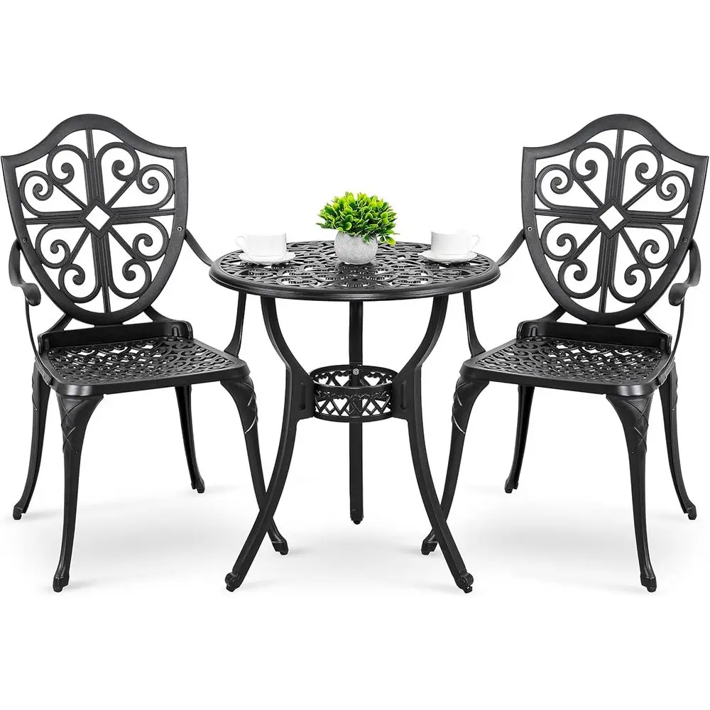 

3-Piece Outdoor Bistro Set with Umbrella Hole, Cast Aluminum Patio Furniture for 2
