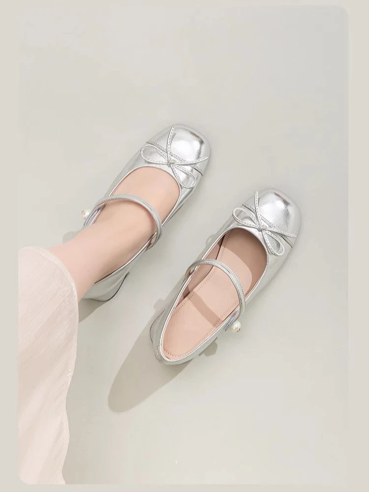 new-2026-summer-women's-low-cut-silver-mary-jane-shoes-with-french-bow-thick-heel-high-heels-for-skirt-dresses-vintage-style