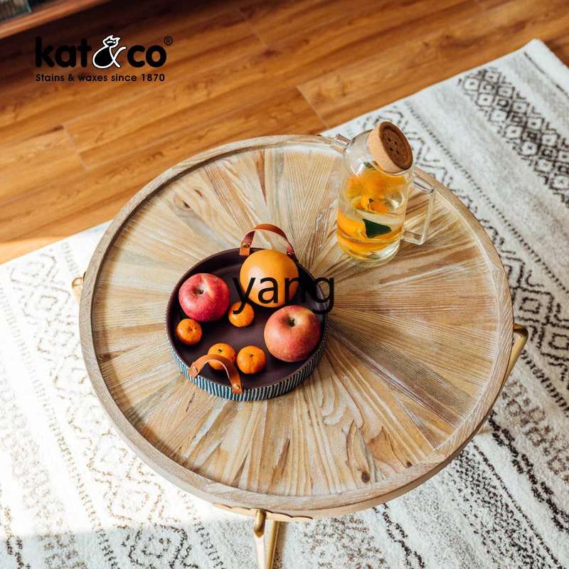 LMM American country light luxury round old wooden coffee table, retro gold wrought iron round coffee table