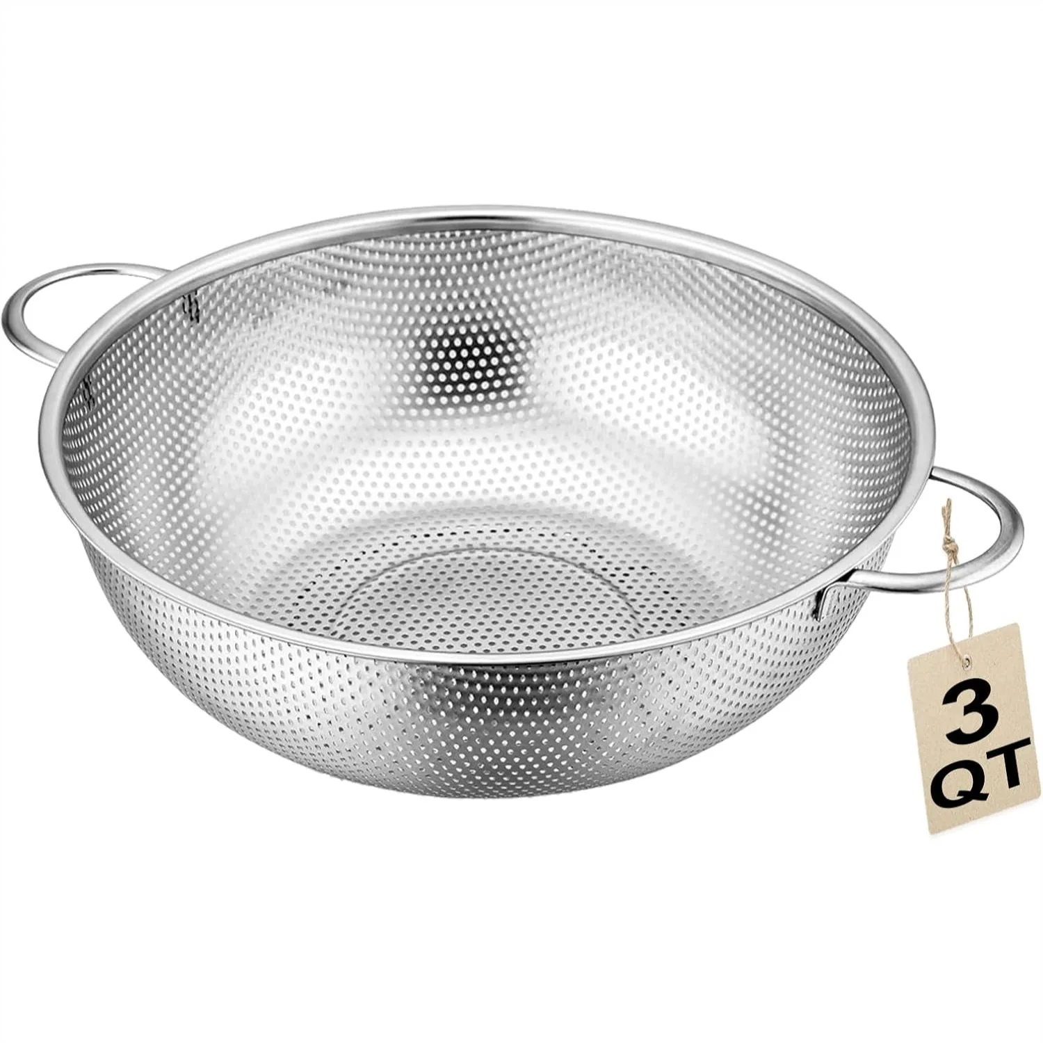 Stainless Steel Colander 3-Quart Micro-Perforated Strainer with Handle for Draining Pasta and Rinsing Fruits Vegetables