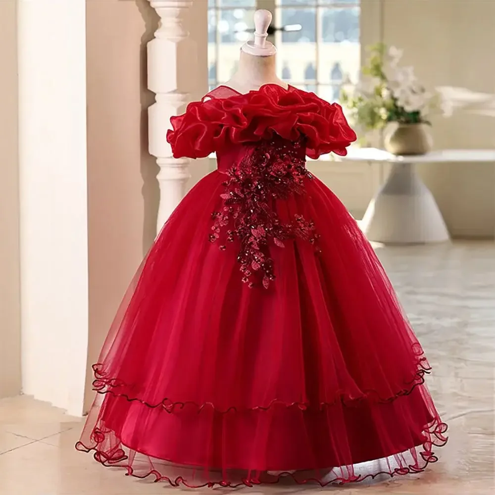 Elegant Girl Party Dress Flower Appliques Wedding Bridesmaid Mesh Graduation Evening Ball Gown for Kids Children 12 14Y