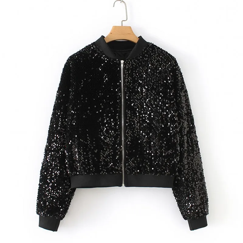 

Fashionable Casual Sequin Top Women's Loose Round Neck Long Sleeve Autumn Winter New Elegant Jacket Black Sequin Baseball Jacket