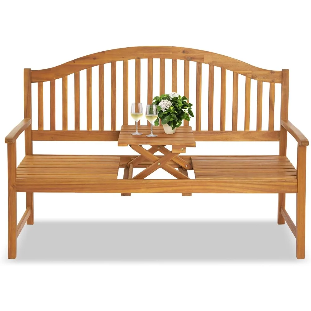 

Outdoor Garden Bench w/Built in Table, 2-Person Acacia Wood Loveseat with Armrests & Backrest, 600lbs Capacity, Patio