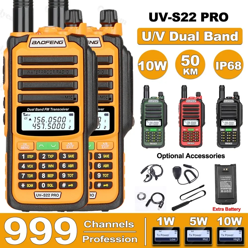 2PACK BaoFeng UV S22 PRO V2 10W IP68 Walkie Talkie Dual Band 136-174/400-520MHz 50KM  Long Range Radio Upgraded Of UV5R UV9R S22