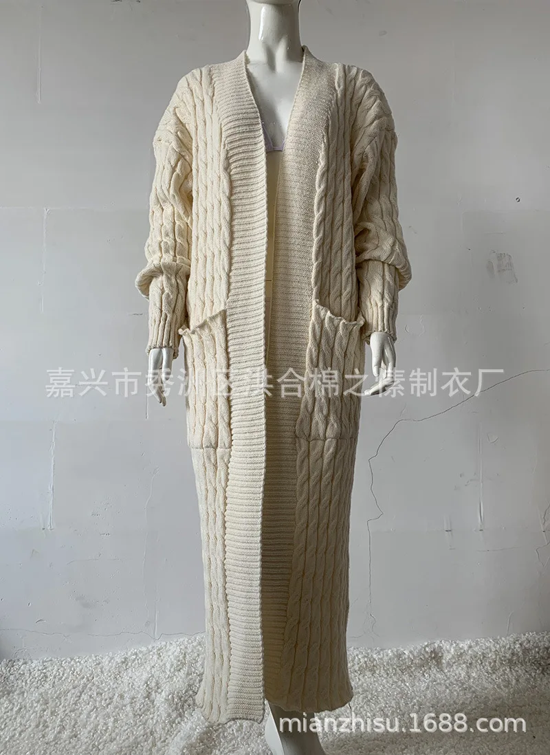 Women Casual Oversized Knitted Sweater Loose Solid Long Sleeve Knitwear Female Vintage Green Twist Cardigan Long Winter Cardigan