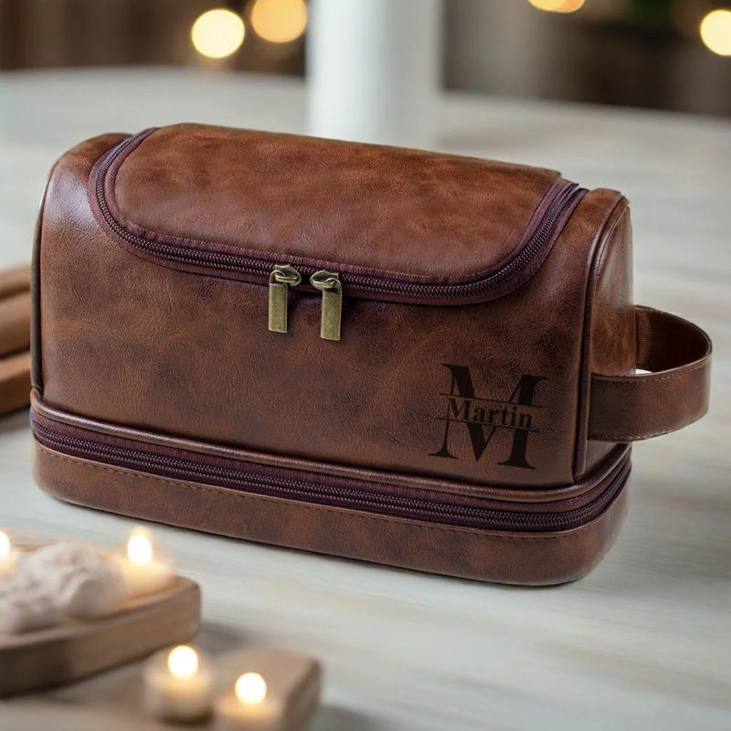 Personalized Large Waterproof Toiletry Bag Leather Cosmetic Organizer with Hanging Hook Travel Shaving Bag for Women & Men
