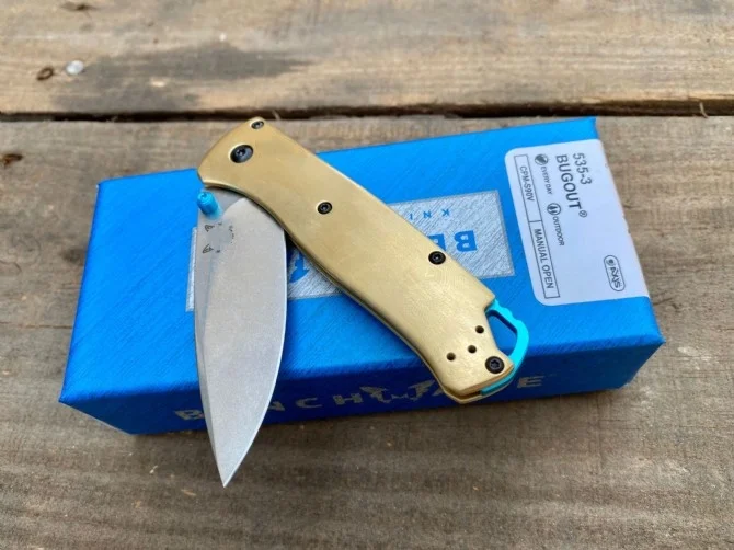 New Bugout 535 Brass Handle / Carbon Fiber 535-3 Mark S90V Folding Pocket EDC Tool Camping Tactical Outdoor Utility Knife