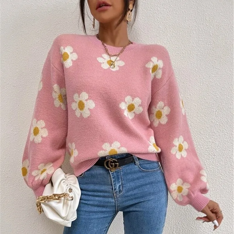 

European and American fashion autumn and winter new plant and flower pattern loose pullover knitted round neck sweater