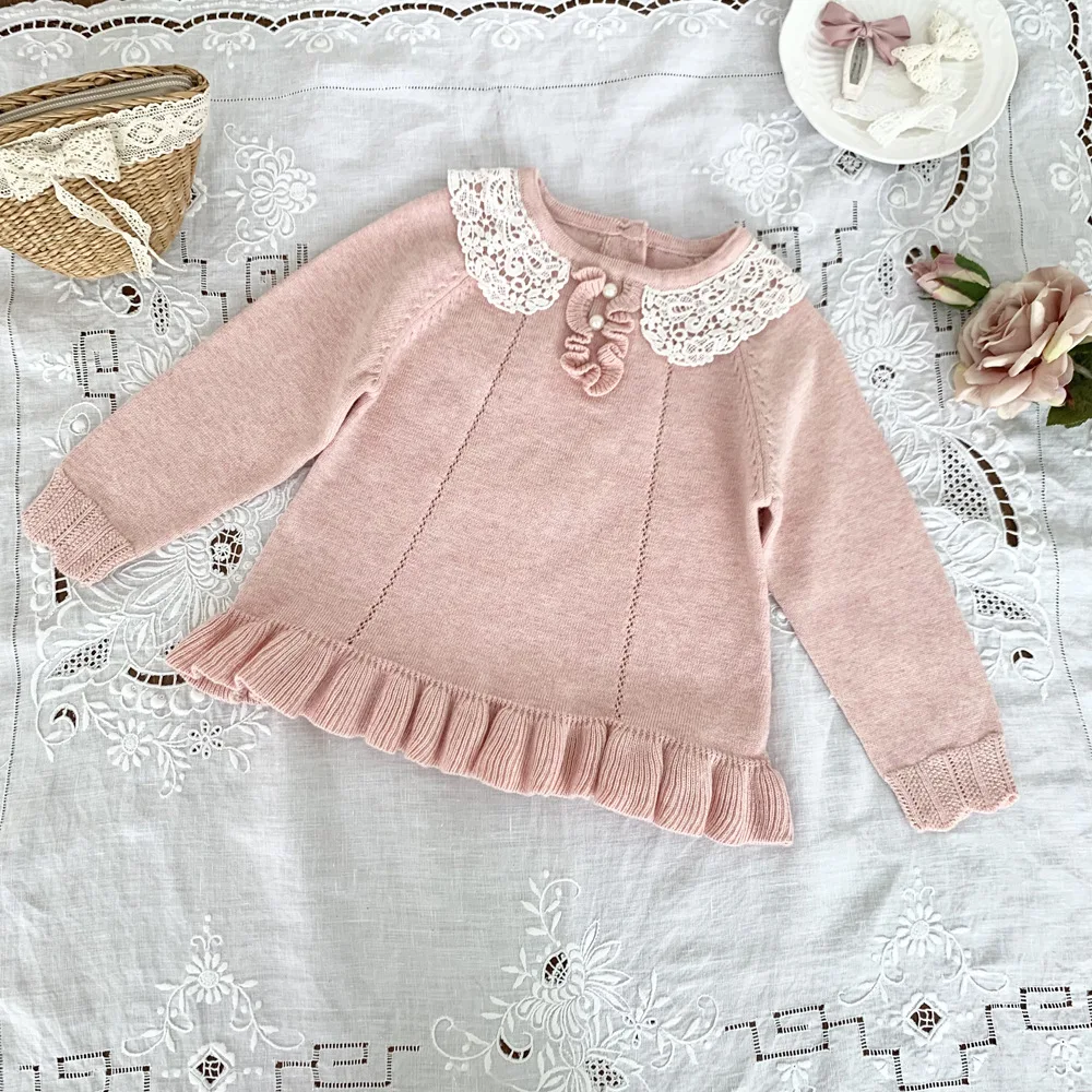 

Children Girls Knitted Jumper With Lace Collar Toddler Baby Sweater 2-7Y